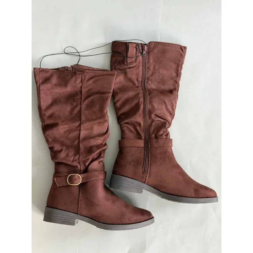 NEW! 7M Pop Chambers Womens Flat Heel Slouch Boots Brown Suedelike